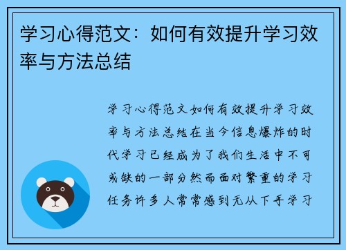 学习心得范文：如何有效提升学习效率与方法总结